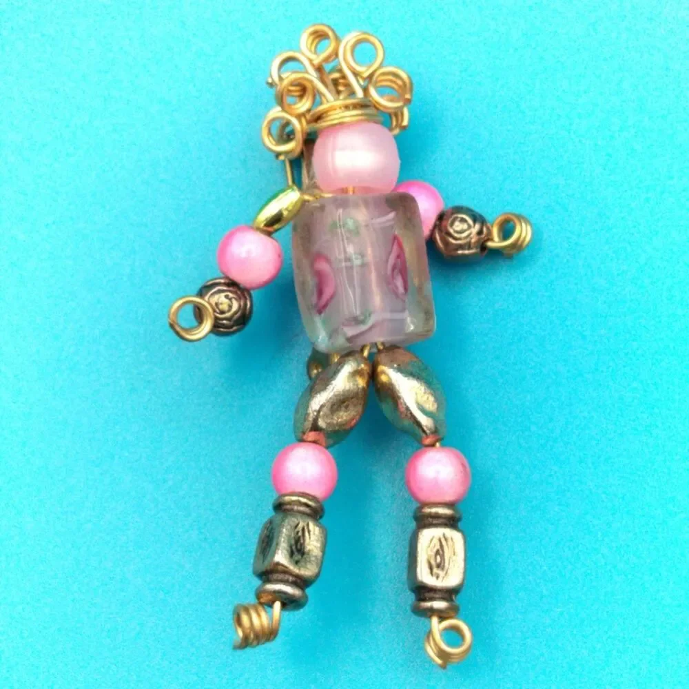 Handmade Beaded Doll Brooch Pink Gold Wire Art Pin Vintage Style 2.5” Jewelry